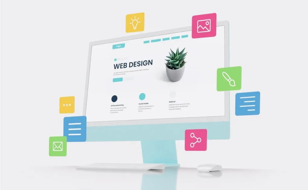 Computer screen displaying a web design page with social media and design icons floating around it.
