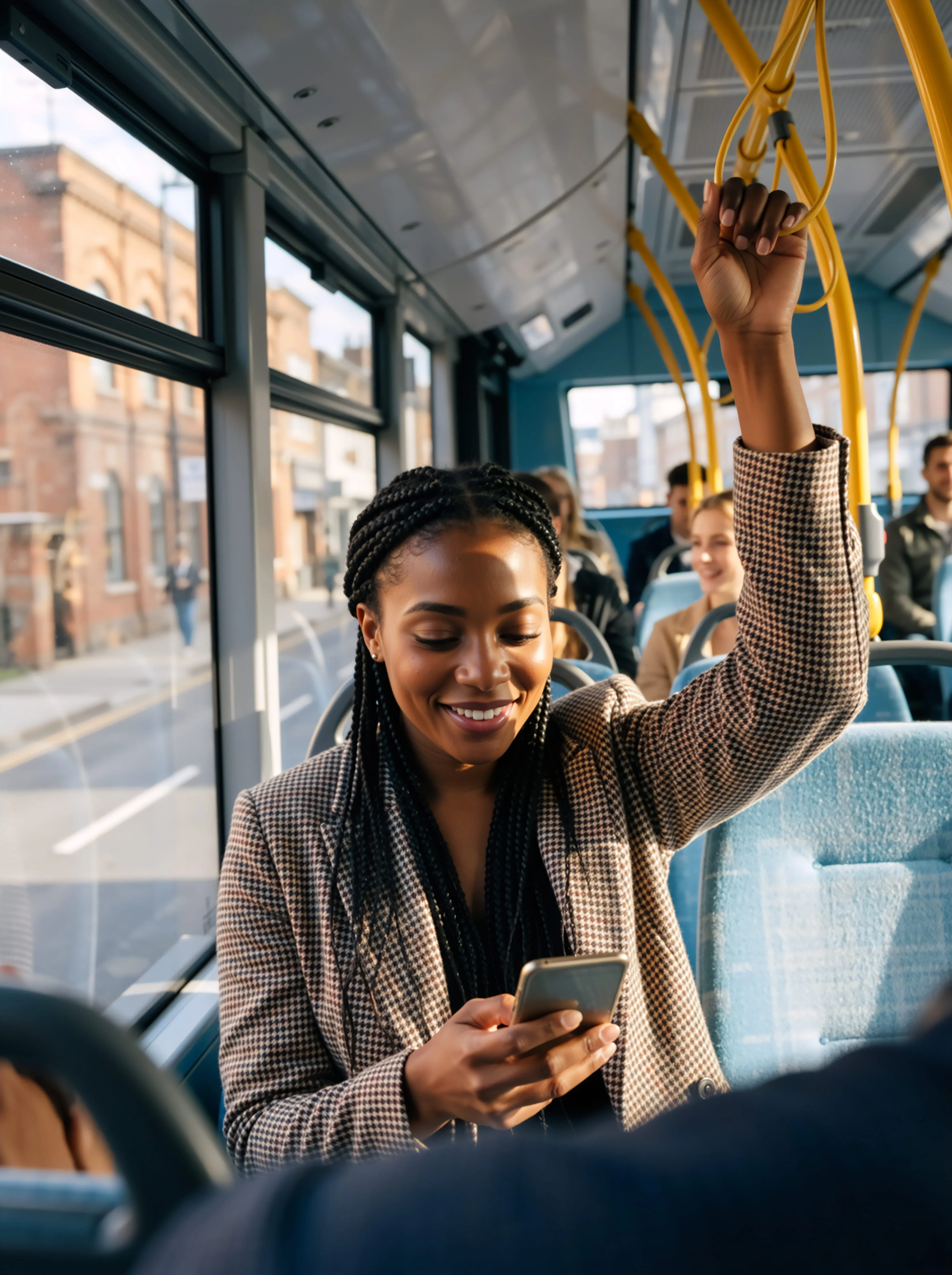 Smiling woman with braids holding a smartphone and a bus handrail while riding a bus.