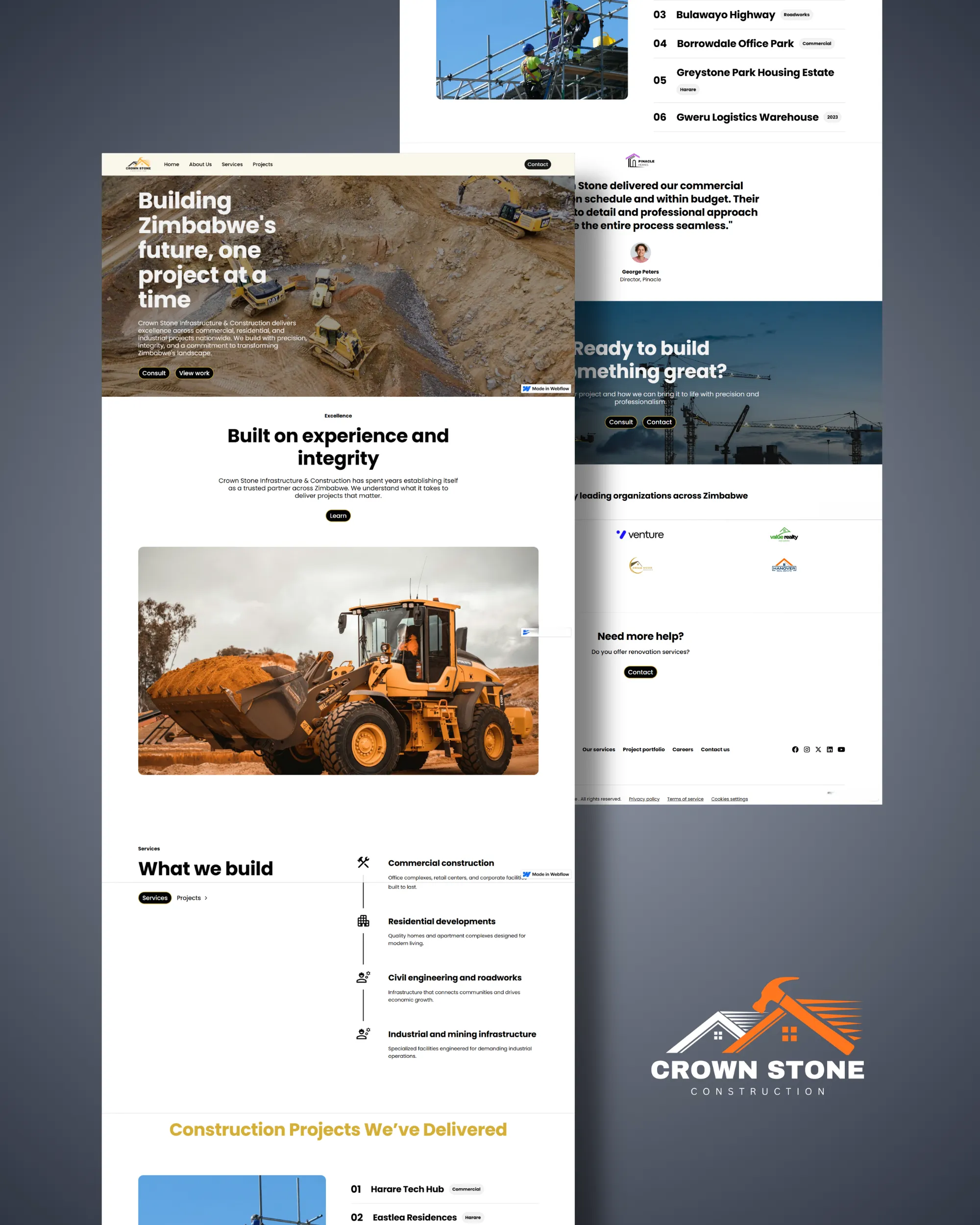 Website for Crown Stone Construction showing projects, services, heavy equipment, and company logo with a hammer.