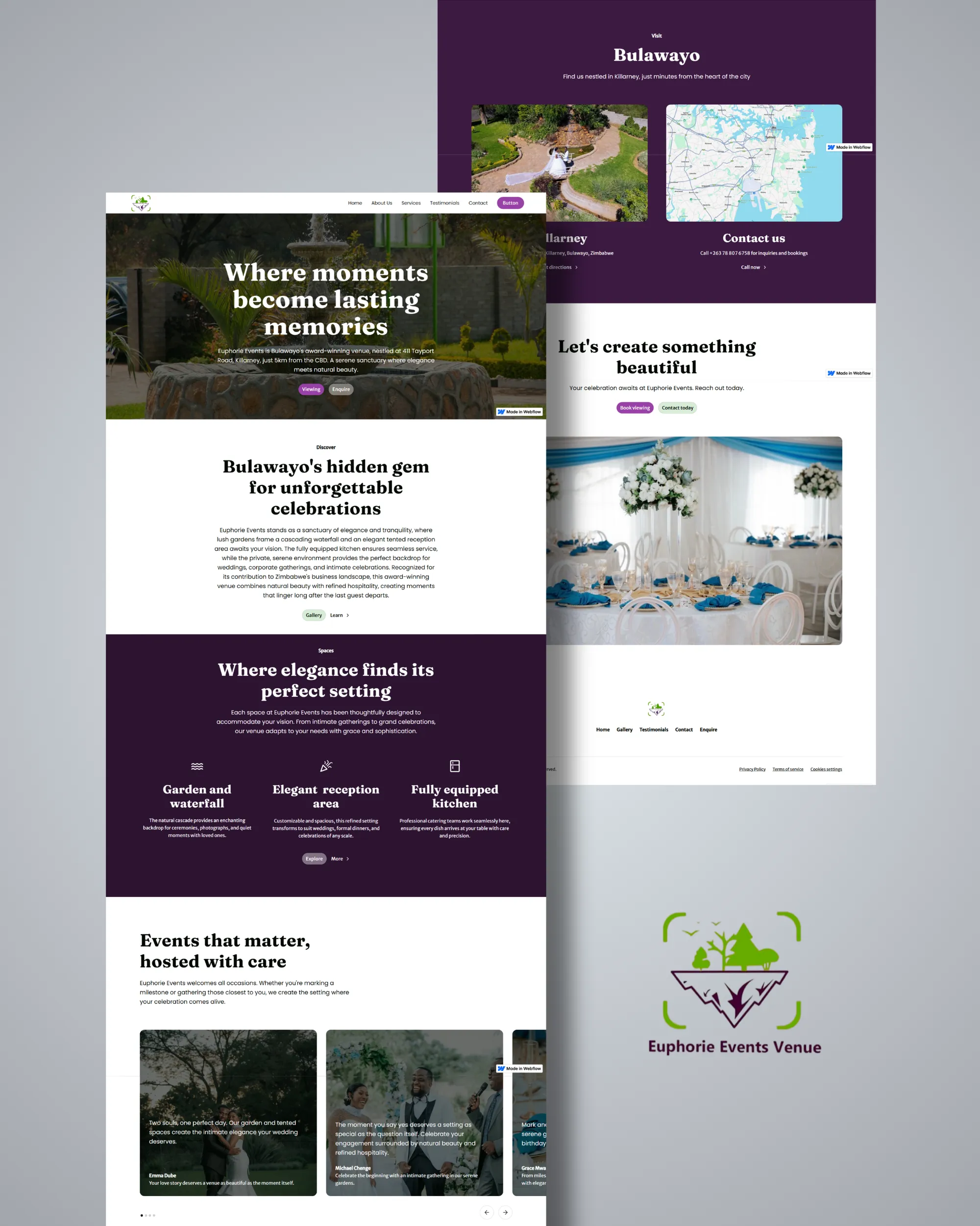 Website for Euphorie Events Venue in Bulawayo with event details, elegant reception, garden, and contact info.
