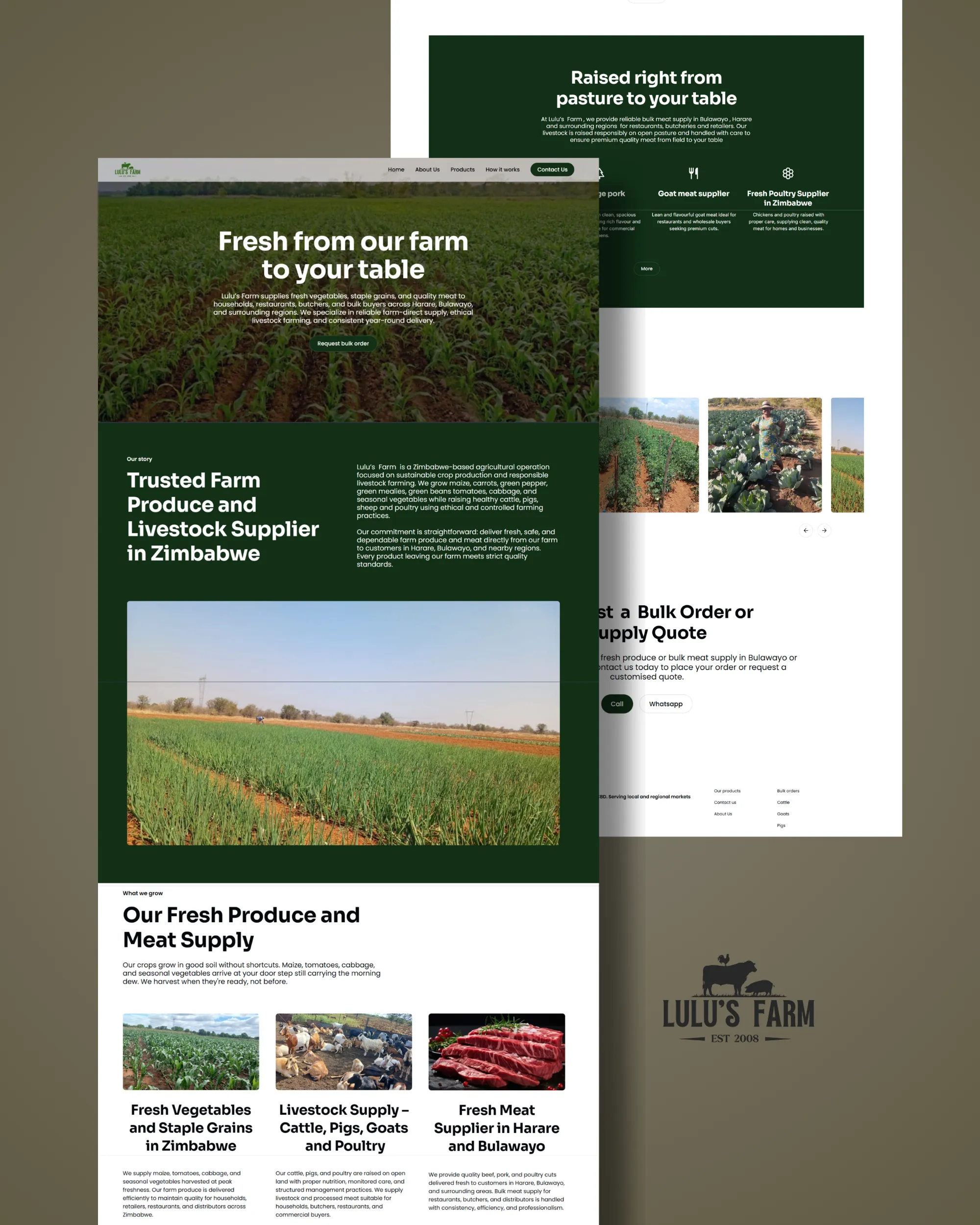 Website showing Lulu's Farm produce and livestock supply, fresh vegetables, meat, and bulk order options in Zimbabwe.