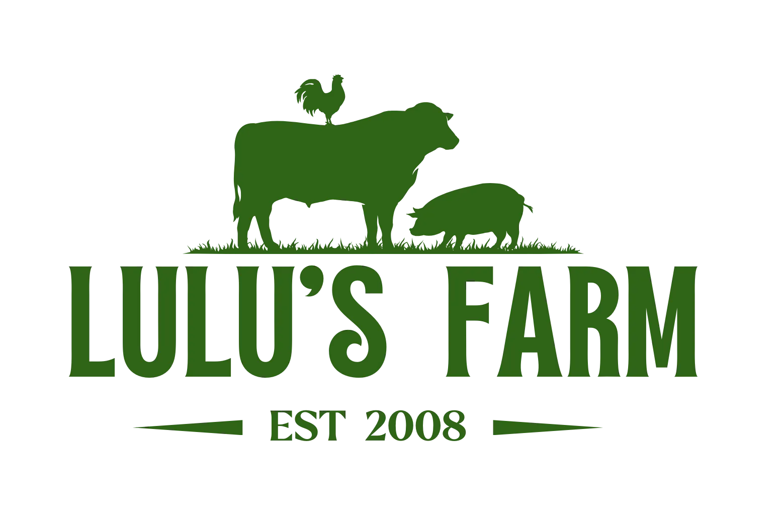 Green silhouettes of a cow with a rooster on its back and a pig nearby above the text Lulu's Farm EST 2008.