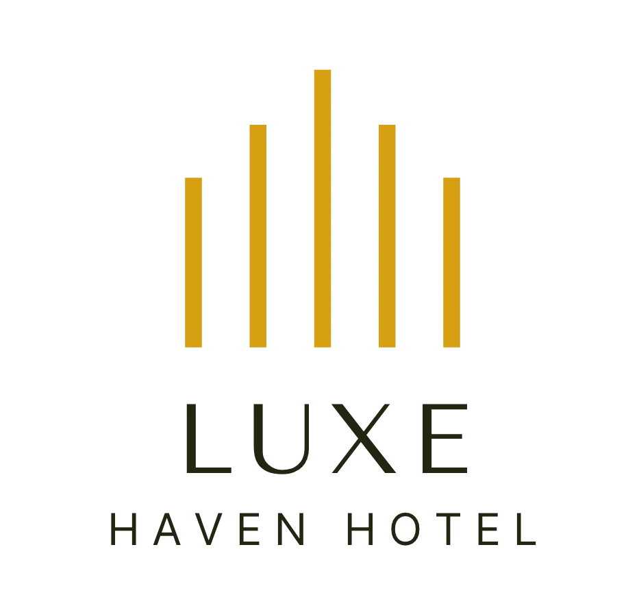 Vertical gold bars in ascending then descending height above the text Luxe Haven Hotel.