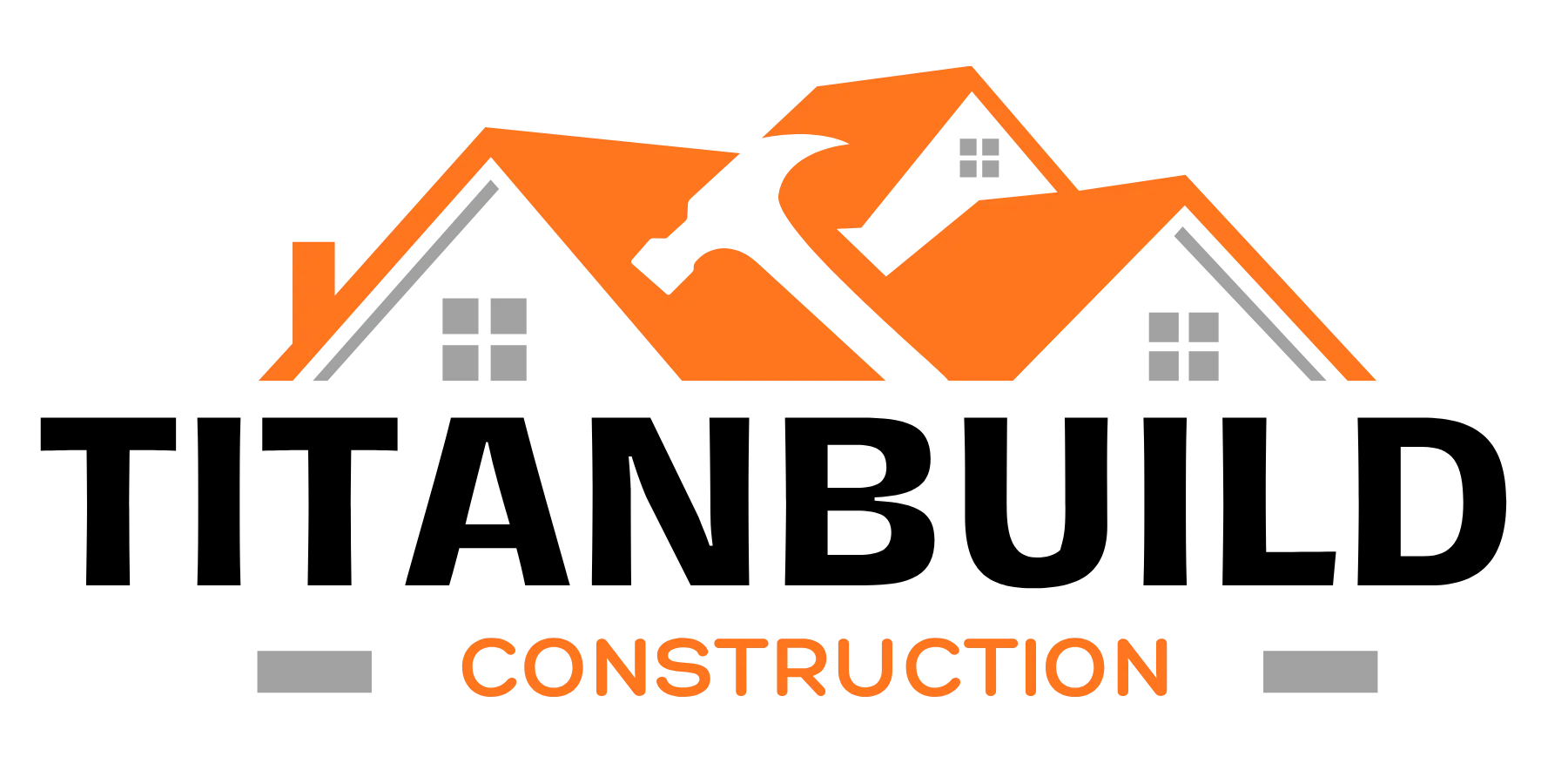 Logo with orange roofs, a black hammer silhouette, and gray windows above the word Construction.