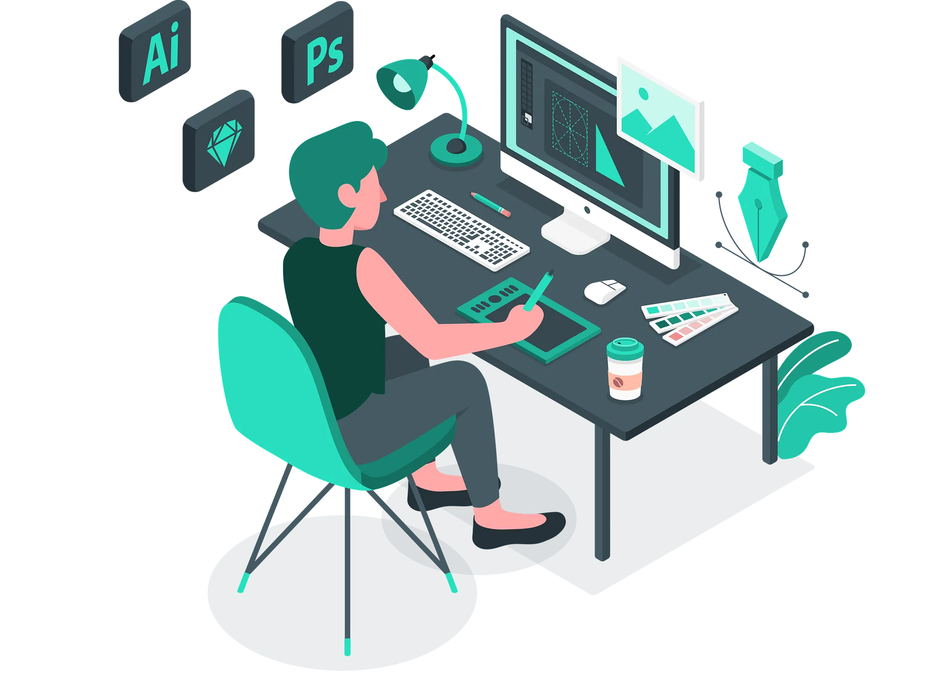 Person sitting at desk using a digital drawing tablet with design software icons floating nearby.
